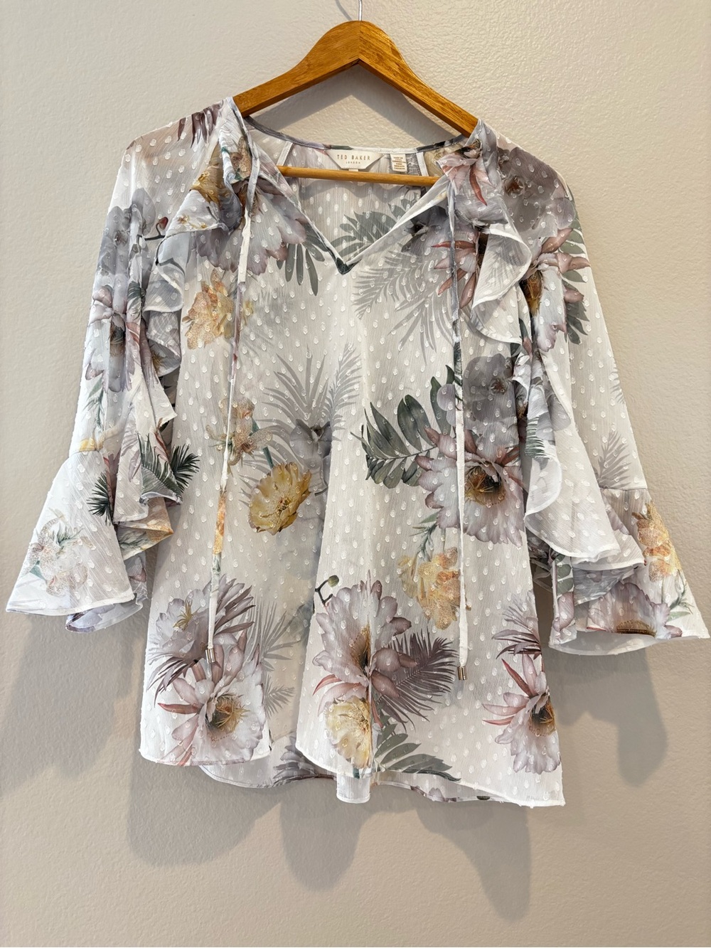 Ted Baker white floral ruffle blouse
